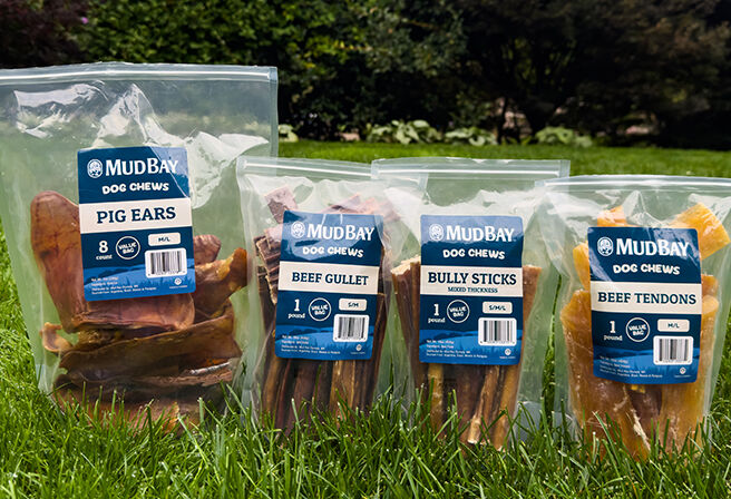 bags of Mud Bay value pack chews for dogs